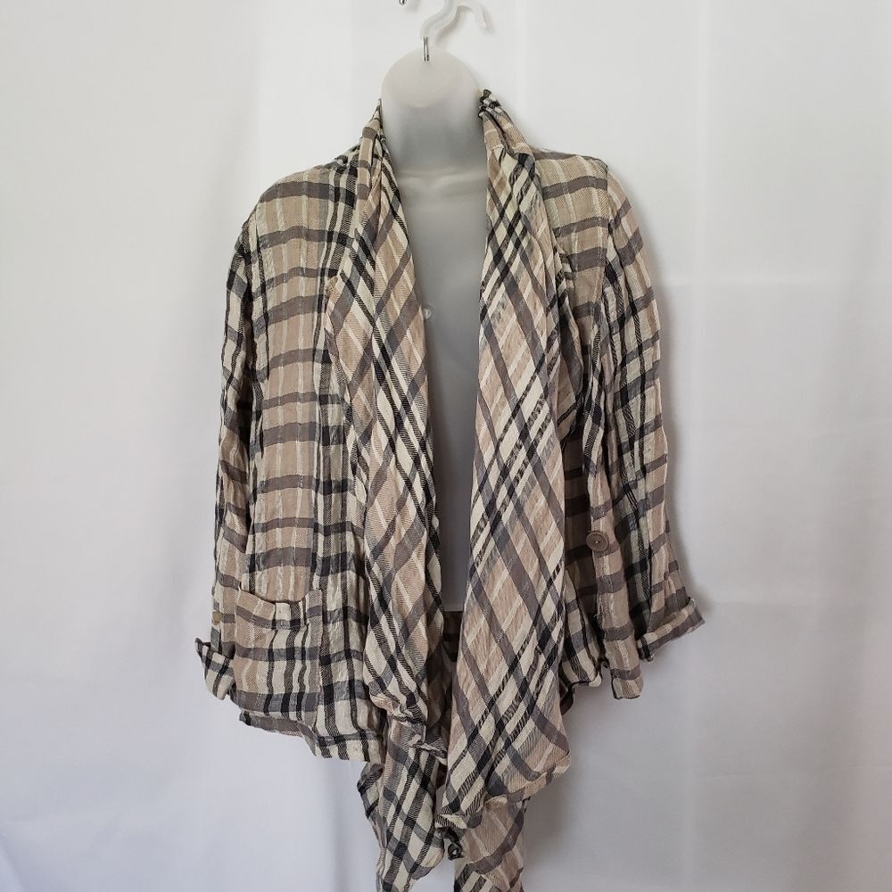 FLAX 100% linen plaid Waterfall open front Jacket Cardigan sz P/6-10